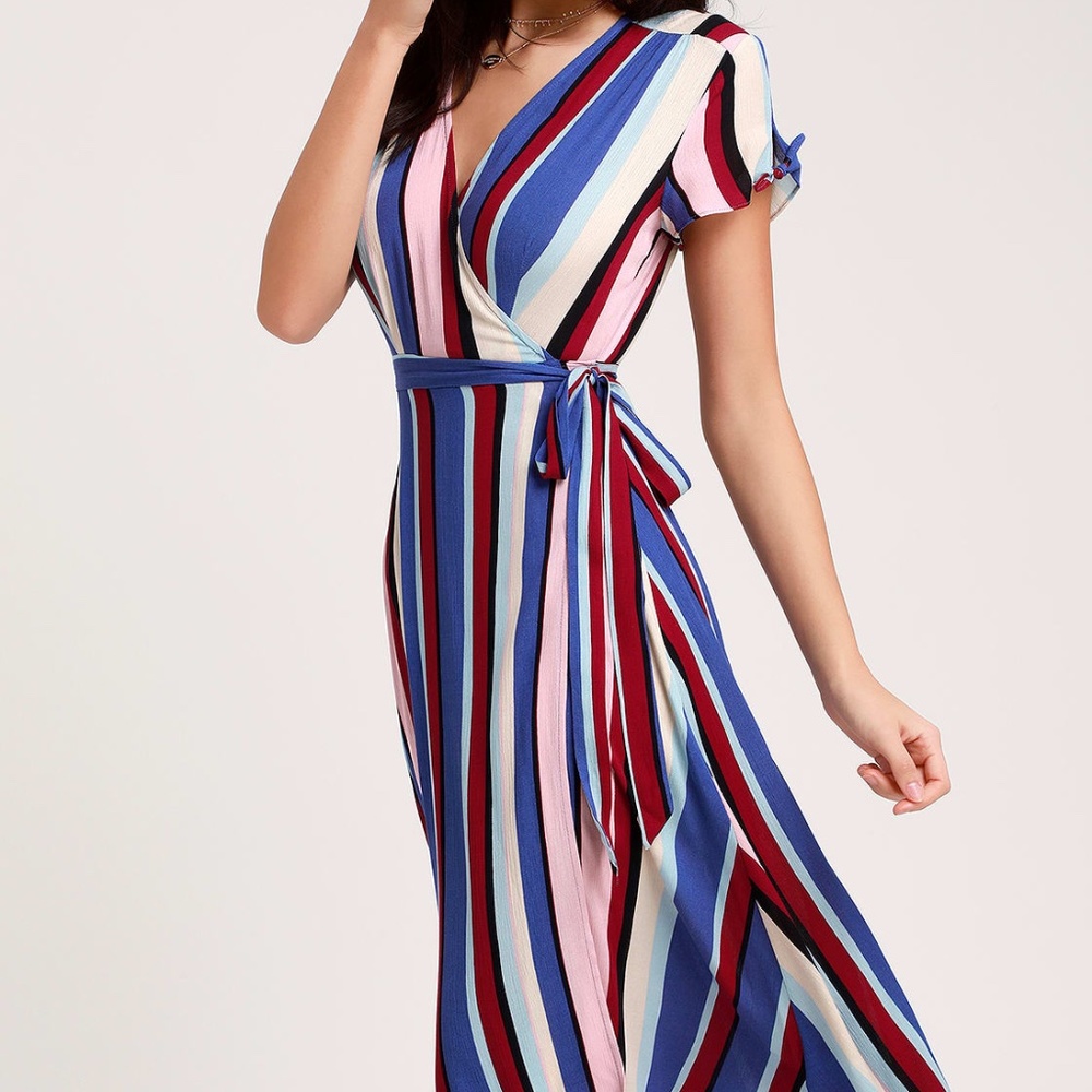Lulu's Gesselie Blue Multi Stripe Midi Wrap Dress